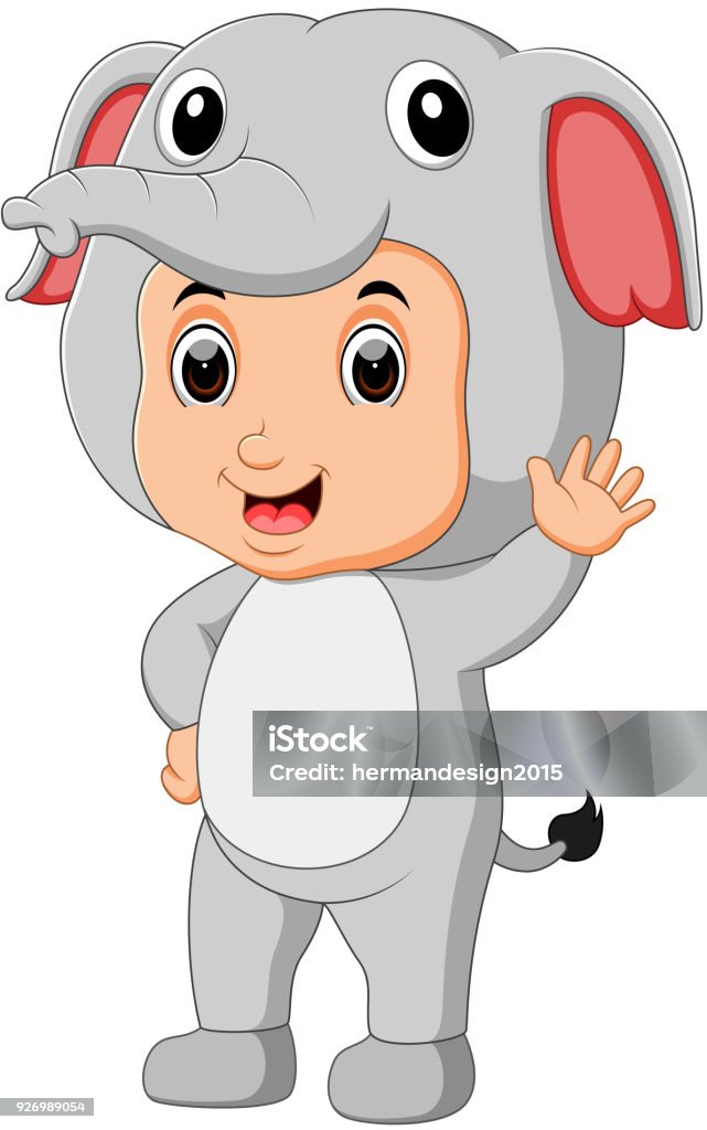 Carino ragazzo cartone animato che indossa costume da elefante - arte vettoriale royalty-free di Abbigliamento