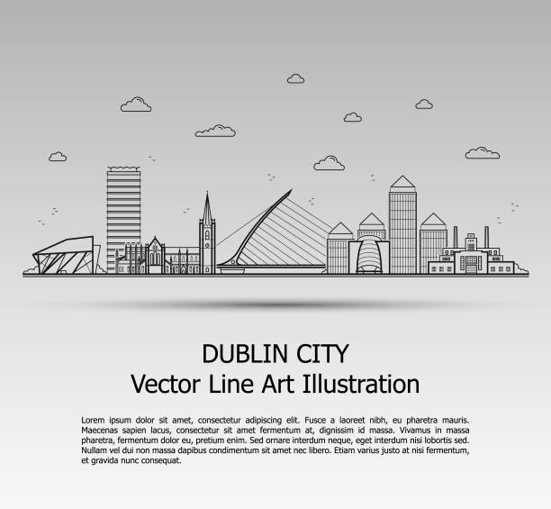 line art vector ilustracja nowoczesnego miasta dublin z drapaczami chmur. grafika z płaską linią. baner stylu typograficznego. najbardziej znanych budynków cityscape na szarym tle. - irish landmark obrazy stock illustrations