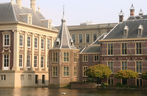 The Hague Hofvijver pond with the Binnenhof government buildings housing the States General of the Netherlands: the Senate (Eerste Kamer) and the House of Representatives (Tweede Kamer). Also the Ministry of General Affairs and the office of the Prime Minister of Netherlands are located next to the Hofvijver.