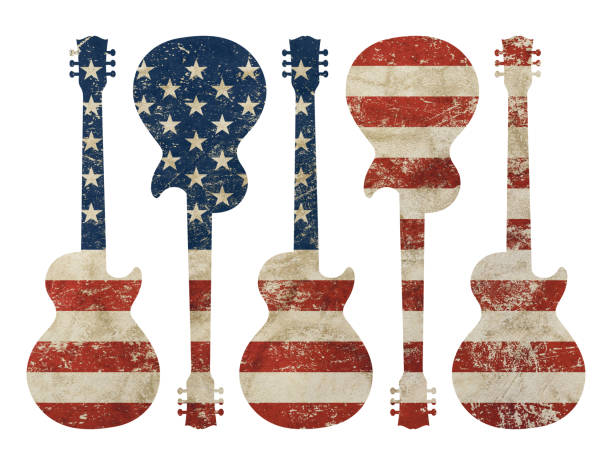гитара формы старого гранж старинные американский флаг сша - five objects audio стоковые фото и изображения