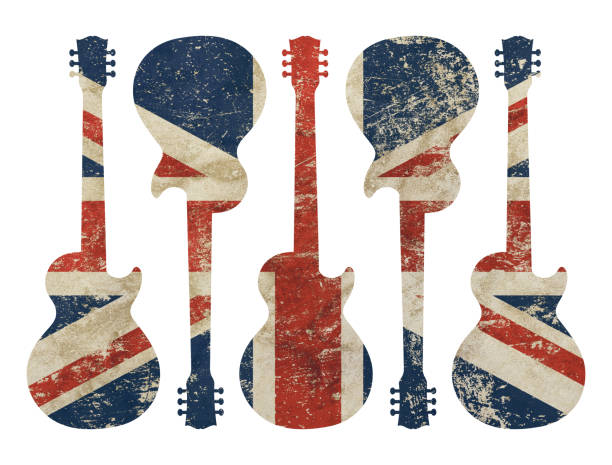 гитара формы гранж винтаж великобритании великобритании флаг - five objects audio стоковые фото и изображения