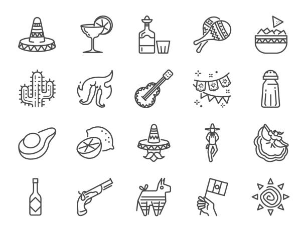 illustrations, cliparts, dessins animés et icônes de jeu d’icônes ligne mexicain. inclus les icônes comme maracas, piñata, chapeau traditionnel, nacho, sauce épicée, cactus, danse flamenco, boissons alcoolisées et plus. - maraca