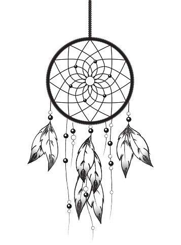 Black and white illustration of a Dreamcatcher. EPS10 vector format