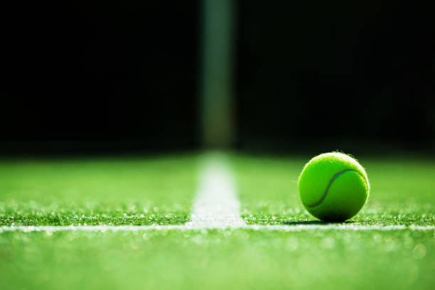 soft focus of tennis ball on tennis grass court soft focus of tennis ball on tennis grass court wimbledon stock pictures, royalty-free photos & images