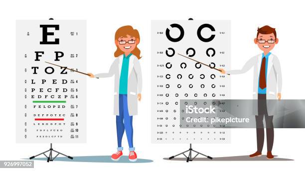 眼科医師セット ベクトル女性男性医学の目の診断ですクリニックで目のテストのグラフ近視の診断医学概念フラットの漫画イラストを分離 - 検眼のベクターアート素材や画像を多数ご用意