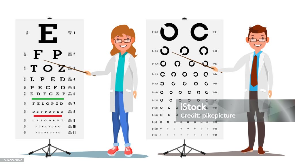 Ophthalmology Doctor Set Vector. Female, Male. Medical Eye Diagnostic. Eye Test Chart In Clinic. Diagnostic Of Myopia. Medicine Concept. Isolated Flat Cartoon Illustration Ophthalmology Doctor Set Vector. Female, Male. Medical Eye Diagnostic. Eye Test Chart In Clinic. Diagnostic Of Myopia. Medicine Concept. Isolated Illustration Optometry stock vector