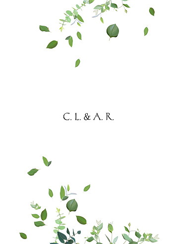 Herbal minimalistic vector frame. Hand painted plants, branches, leaves on white background. Greenery wedding invitation. Watercolor style. Natural card design. All elements are isolated and editable.