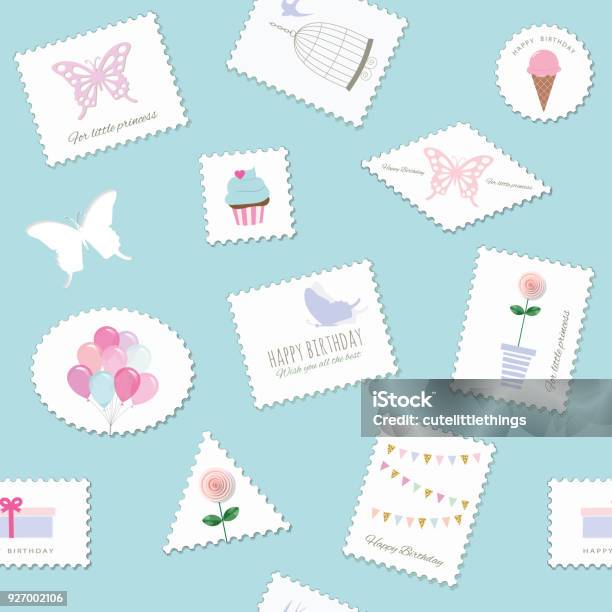 Birthday Seamless Pattern With Cute Postage Stamps Stock Illustration -  Download Image Now - iStock
