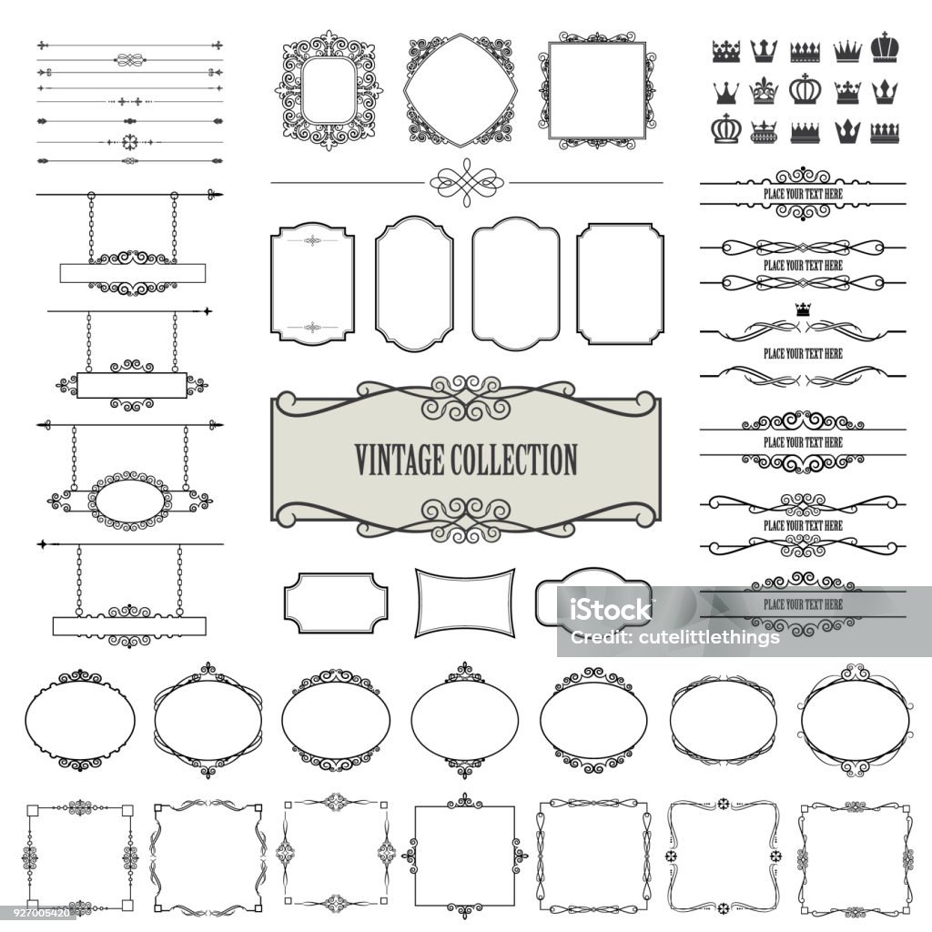 Vintage frames, dividers, signboards mega set. Vintage frames, dividers, signboards mega set isolated on white. Calligraphic design elements. Border - Frame stock vector