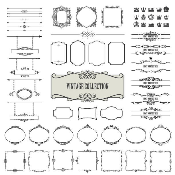 Vintage frames, dividers, signboards mega set. Vintage frames, dividers, signboards mega set isolated on white. Calligraphic design elements. clothing hang tags stock illustrations