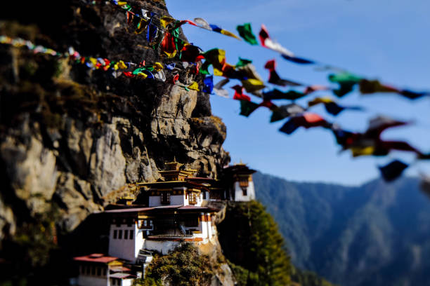 krajobraz paro taktsang (tiger nest) w górnej dolinie paro, bhutan. taktsang lhakhang jest bhutan najbardziej charakterystycznym zabytkiem i miejscem religijnym. pierwszy plan modlitwy flaga pięć kolorów. skupić się tylko świątyni - flag of tibet zdjęcia i obrazy z banku zdjęć