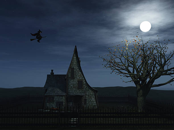 A silhouette of flying witch during a full moon
