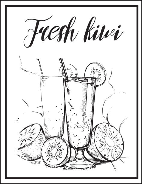 векторное изображение коктейля с именем. свежий киви, натуральный сок. - glass water freshness tonic water stock illustrations