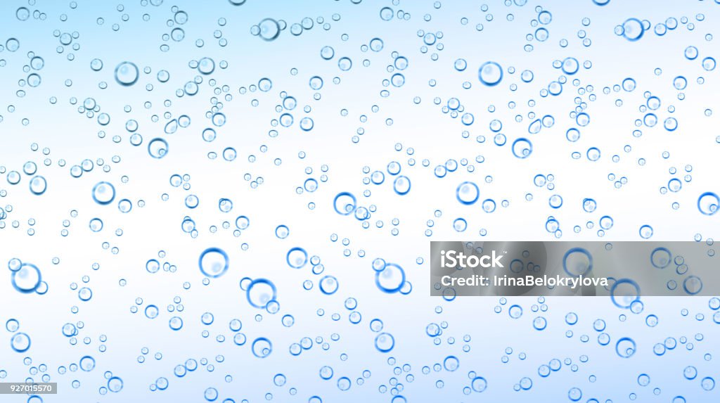 Vector realistic carbonated mineral water bubbles Vector realistic blue water, soda, transparent carbonated drink with bubbles close up illustration. CO sparklings on white isolated background. Poster, banner design element Bubble stock vector