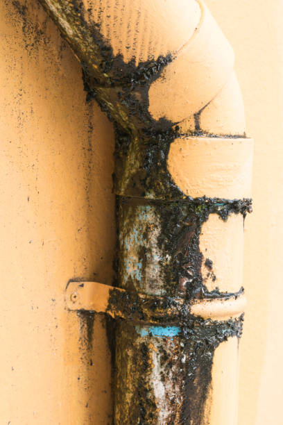 parete del tubo di perdita d'acqua, muschio e tubo di alimentazione dell'acqua arrugginito sfondo della vecchia casa - water pipe rusty dirty equipment foto e immagini stock