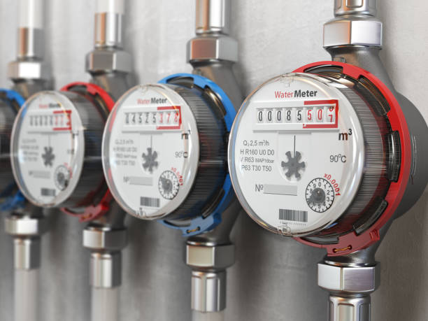 Row of water meters of cold and hot water on the wall background. stock photo