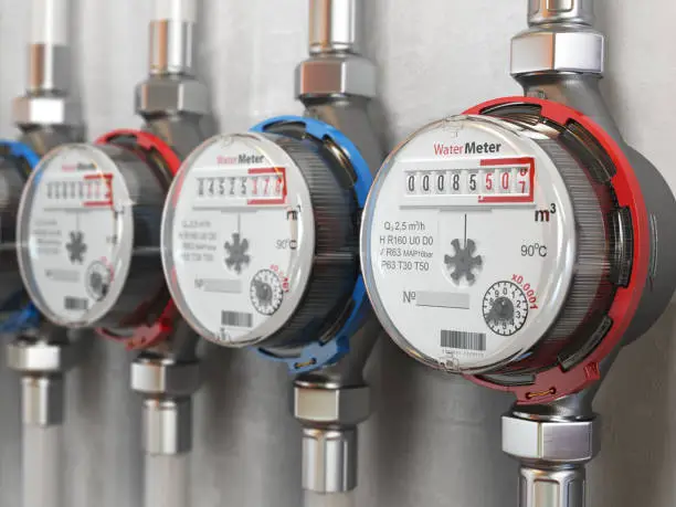 Photo of Row of water meters of cold and hot water on the wall background.