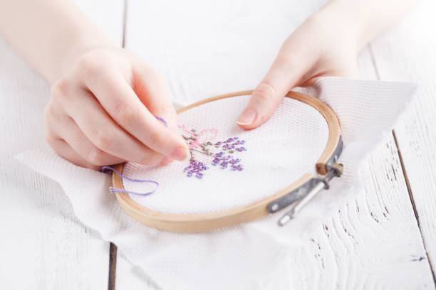 Colorful embroidery floss border on white canvas
