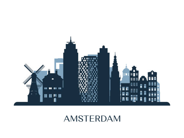 ilustraciones, imágenes clip art, dibujos animados e iconos de stock de horizonte de amsterdam, silueta monocromo. ilustración de vector. - amsterdam netherlands city skyline
