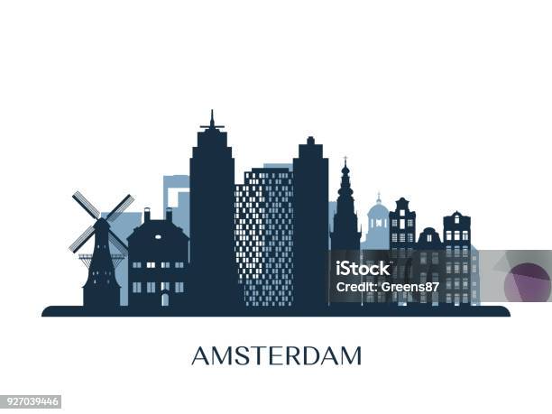 Amsterdam Manzarası Tek Renkli Siluet Vektör Çizim Stok Vektör Sanatı & Amsterdam‘nin Daha Fazla Görseli