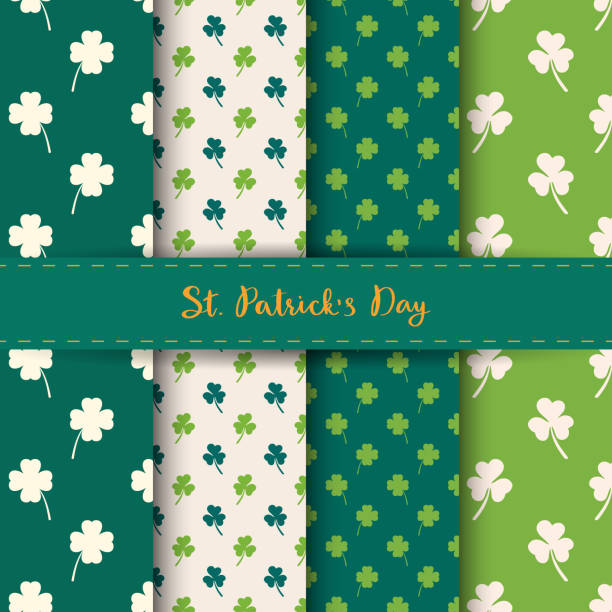 ilustrações de stock, clip art, desenhos animados e ícones de set of st. patrick's day seamless patterns with clover and shamrock in green and white color. for wallpapers, pattern fills, web backgrounds, greeting cards, wrapping paper. - textile backgrounds irish culture decoration