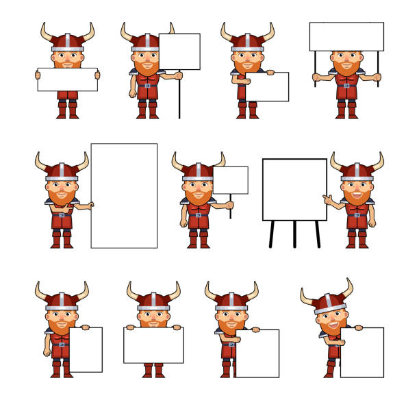 ilustraciones, imágenes clip art, dibujos animados e iconos de stock de conjunto de caracteres de viking con varias pancartas en blanco - viking mascot warrior pirate