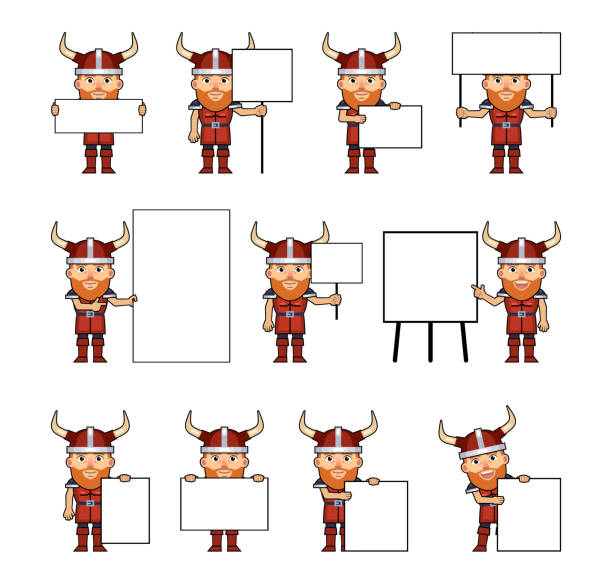 illustrations, cliparts, dessins animés et icônes de jeu de caractères de viking posant avec différentes bannières vierges - viking mascot warrior pirate