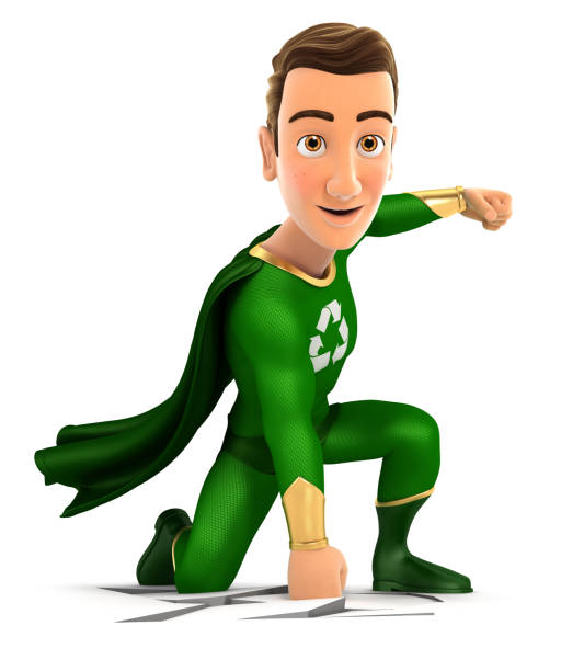 3d green hero arriving on the earth, illustration with isolated white background