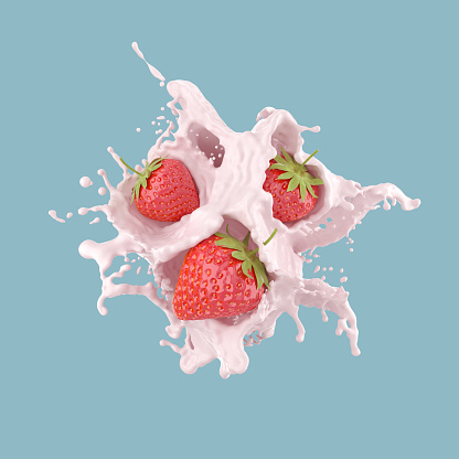 Strawberry falling into splashing milk or Yogurt Splash, icon design element with Clipping path, 3d illustration.