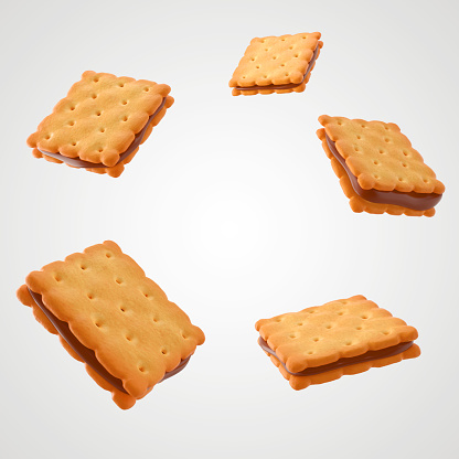 Square Biscuits salty crackers with Chocolate cream,design element for Product package with clipping path. 3D illustration.