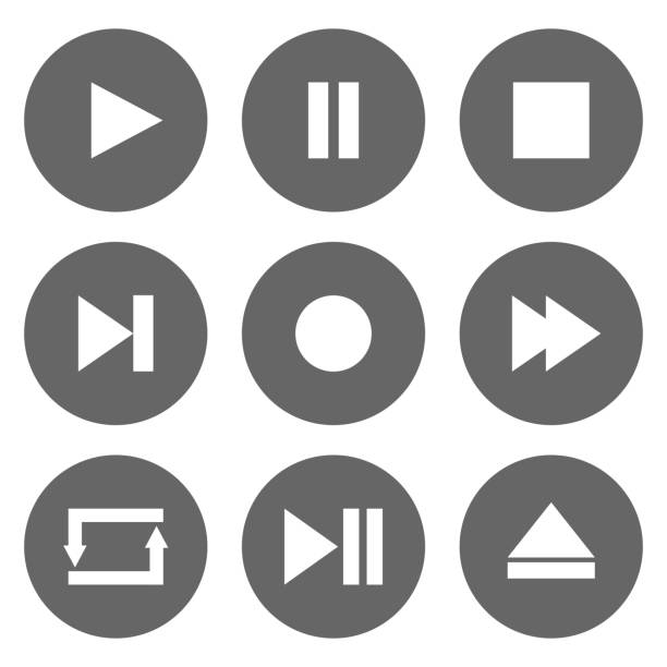 ilustrações, clipart, desenhos animados e ícones de conjunto de botões de controle de jogador de meios de comunicação. jogar, pausa, parar, registro, avançar, rebobinar, anterior, em seguida, ejectar, repita ícones em círculo. vector - computer icon symbol icon set media player
