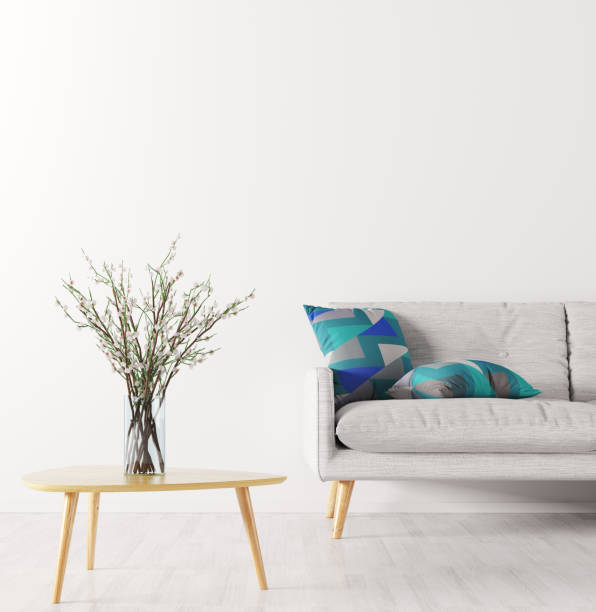 istock Flower vase on the coffee table and sofa over white wall  interior background 3d rendering 927050370