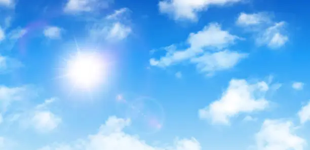 Vector illustration of Sunny background, blue sky with white clouds and sun