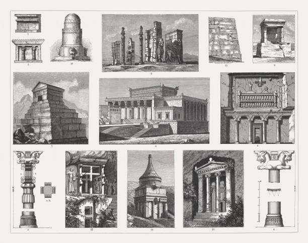 Ancient Architecture of The Middle East: 1) Parapet wall from Dur-Šarrukin (Khorsabad, Iraq); 2) Relief from Dur-Šarrukin (Khorsabad, Iraq); 3) Ruins of the Gate of All Nations (Gate of Xerxes, Persepolis, Iran, Unesco World Heritage Site); 4) Palace of Xerxes (visual reconstruction), Persepolis, Iran; 5 + 6) Column of Persepolis (with cross section of a and b); 7) Tomb of Cyrus (Pasargadae, Iran, Unesco World Heritage Site); 8) Tomb of Darius I (Darius the Great, Naqsh-e Rustam, Iran); 9) Phoenician Temple (Ma'abed) of Amrit, Syria; 10) Tomb in Amrit; 11) Temple wall in Jerusalem; 12) Lycian tomb of Antiphellus (Anatolia, Turkey); 13) Lycian tomb of Telmessos (Rock tomb of Amyntas, Fethiye, Turkey); 14) Tomb of Absalom (Kidron Valley, Jerusalem, Israel). Wood engravings, published in 1897.