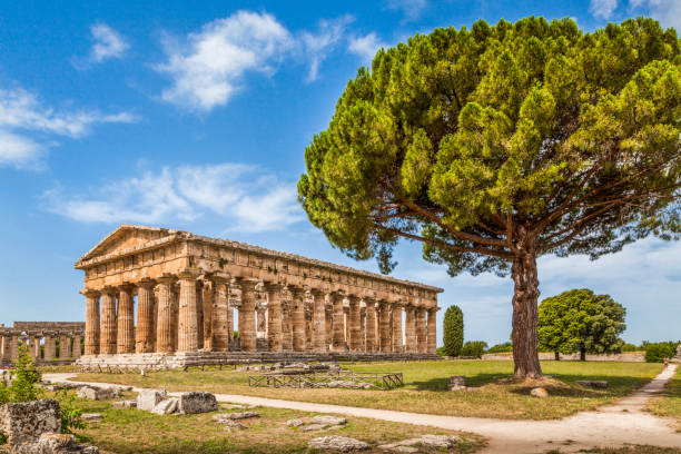 Temple of Hera at famous Paestum Archaeological UNESCO World Heritage Site, which contains some of the most well-preserved ancient Greek temples in the world, Province of Salerno, Campania, Italy stock photo