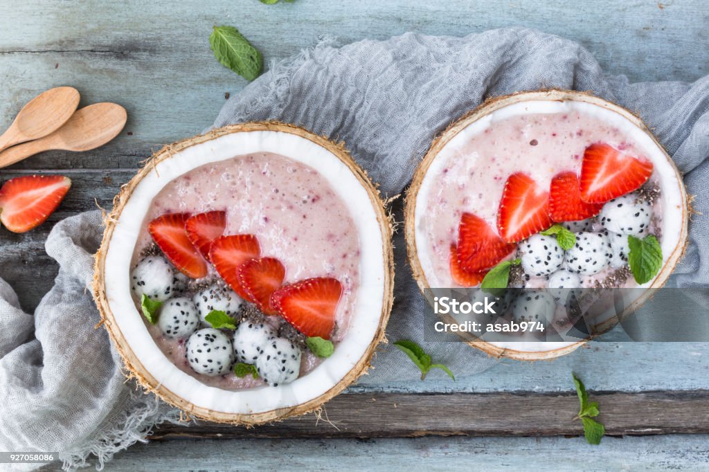 Smoothie Strawberry Bowls and Exotic Fruits Smoothie Bowls with Strawberry and Exotic Fruits Banana Stock Photo