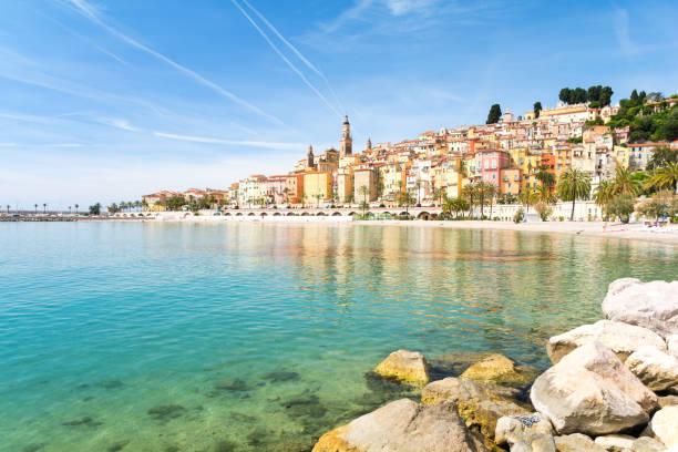 colorful town menton on french riviera, south france - nice looking imagens e fotografias de stock