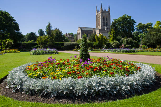 St Edmundsbury Cathedral and Abbey Gardens in Bury St. Edmunds, A view of the beautiful flowers in Abbey Gardens and the historic St. Edmundsbury Cathedral in Bury St. Edmunds, Suffolk. bury st edmunds photos stock pictures, royalty-free photos & images