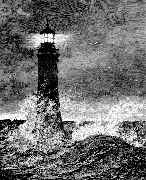 illustrations, cliparts, dessins animés et icônes de gravure victorienne du phare d’eddystone en rough seas ; xixe siècle 1882 de sécurité maritime - lithograph