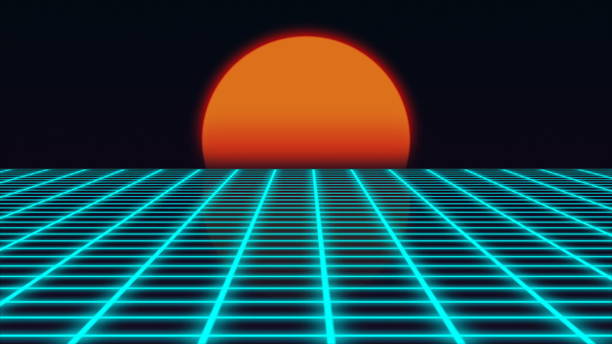 Retro futuristic landscape with sunset 1980s style, digital summer landscape with grid surface, 3D rendering