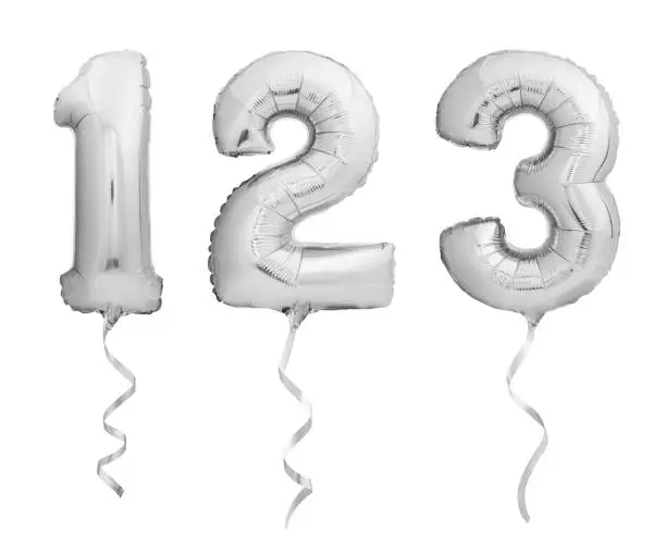 Silver chrome numbers 1, 2, 3 made of inflatable balloons with ribbons isolated on white background