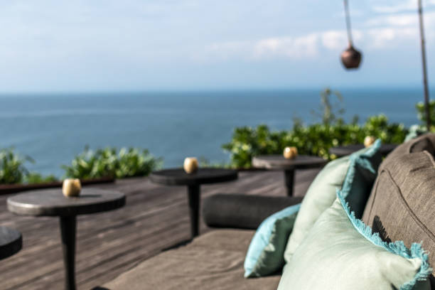 istock Tropical restaurant with sea view. Sunny day. Space for text. Bali island 927069282