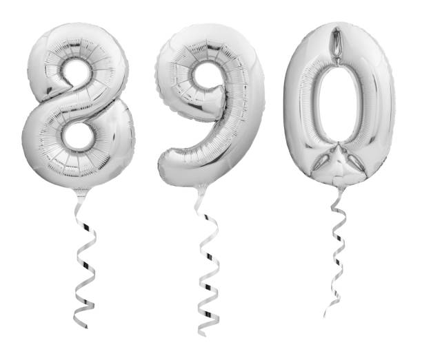 Silver numbers 8, 9, 0 made of inflatable balloons with ribbons isolated on white background Silver chrome numbers 8, 9, 0 made of inflatable balloons with ribbons isolated on white background silver chrome number 8 stock pictures, royalty-free photos & images