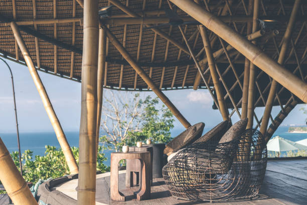 istock Tropical restaurant with sea view. Sunny day. Space for text. Bali island 927072874