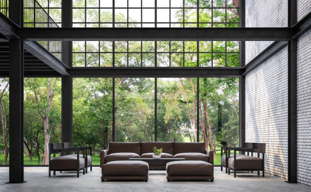 Loft style living room with nature view 3d rendering image Loft style living room with nature view 3d rendering image.There are white brick wall,polished concrete floor and black steel structure.Furnished with dark brown leather sofa. home industry stock pictures, royalty-free photos & images