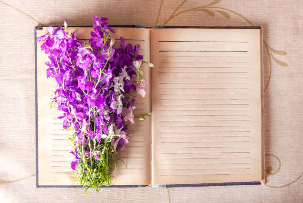 istock Bouquet of lilac flowers on a notebook top view 927076704