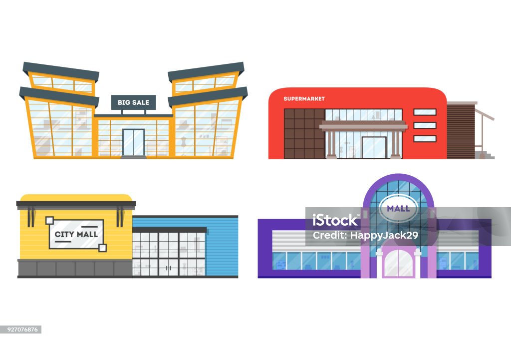 Flat Supermarket Shopping Mall Building Set Of Colorful Funny Cartoon City  Store Stock Illustration - Download Image Now - iStock