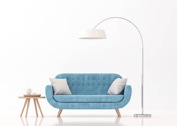 canapé tissu bleu sur l’image de rendu 3d fond blanc - comfortable style table lamp photos et images de collection