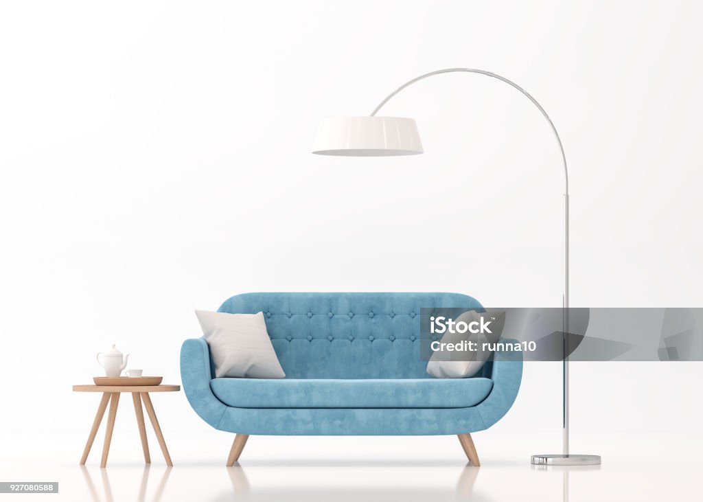 Sofá de tecido azul na imagem de renderização 3d fundo branco - Foto de stock de Sofá royalty-free