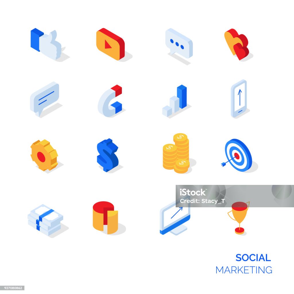 Isometric social marketing icons set. Isometric social marketing icons set. 3D icons in flat colors Isometric Projection stock vector